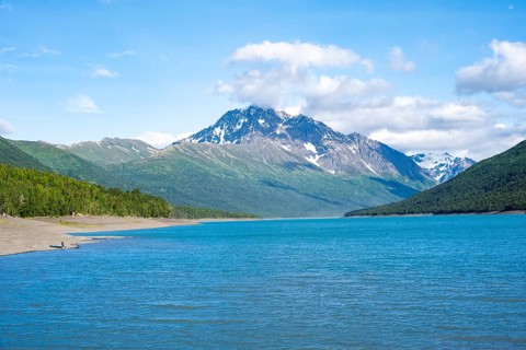 Lake and mountains, Eklutna Lake, Chugach Mountains, Chugach State Park, Alaska, USA