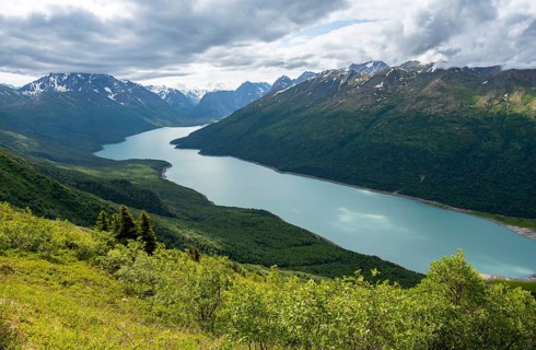 View of blue lake and mountains on Twin Peaks Trail, Eklutna Lake, Chugach Mountains, Chugach State