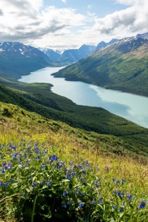 View of blue lake and mountains on Twin Peaks Trail, with flower meadow, Eklutna Lake, Chugach