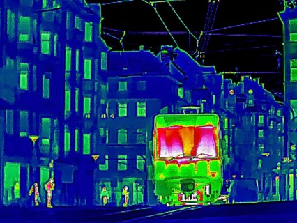 Thermal image or thermography, symbolic photo, interpolated. Light rail travel in urban areas.