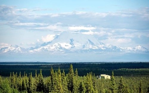 Taiga landscape with forest and high glaciated mountain peak Mount Sanford, Wrangell Mountains,
