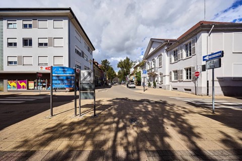 Traffic sign end of pedestrian zone, registry office, wine distillery house, residential buildings