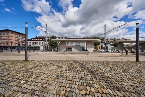 Kehl Rathaus tram stop, trolley masts, overhead lines, lantern, general architecture, houses,