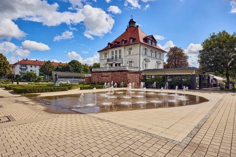 Villa Schmidt restaurant, park, fountain, hedge, lawn, paths, trees, blue partly cloudy sky,