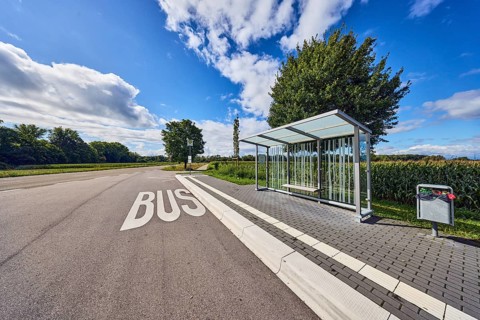 Hohnhurst bus stop, bus shelters, public trash can, road marking BUS, corn field, trees, blue sky,