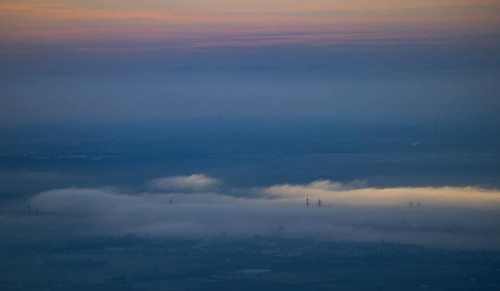 Aerial view of the city of Heidelberg on the Neckar, fog landscape of low-hanging clouds and fog