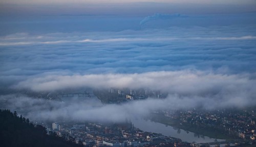 Aerial view of the city of Heidelberg on the Neckar, sea of fog from low-hanging clouds and fog