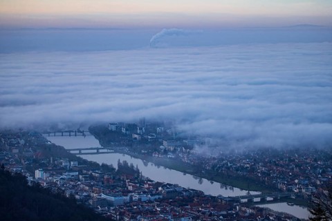 Aerial view of the city of Heidelberg on the Neckar, sea of fog from low-hanging clouds and fog