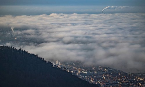 Aerial view of the city of Heidelberg on the Neckar, fog landscape of low-hanging clouds and fog