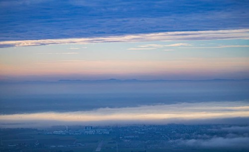 Aerial view of the city of Heidelberg on the Neckar, fog landscape of low-hanging clouds and fog
