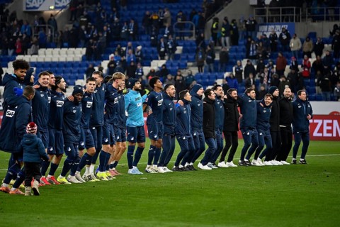 TSG 1899 Hoffenheim players celebrate victory ahead of the fan curve, PreZero Arena, Sinsheim,