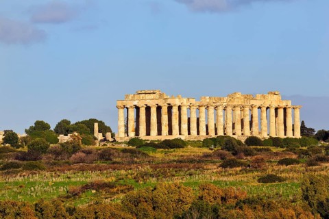 Temple E, Temple of Hera in the ancient Greek city of Selinunte, acropolis, Doric style, maquis,