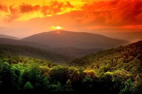 Sunset over Shenandoah National Park, warm colors over wooded hills, Shenandoah National Park,