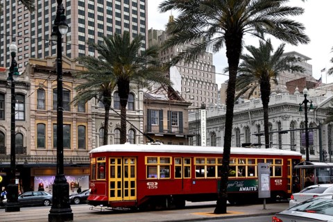 Red streetcar runs through a palm tree-lined street in the city center, New Orleans, Louisiana, USA