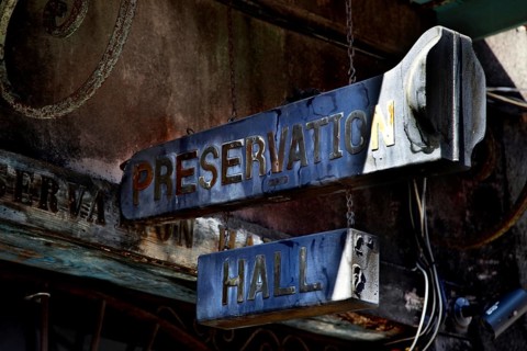 Worn sign at the entrance to Preservation Hall, historic significance, New Orleans, Louisiana, USA