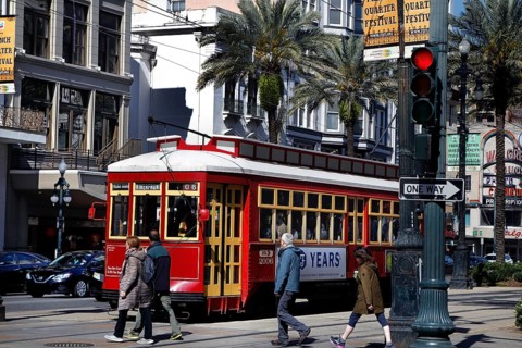 Red tram runs through urban environment with palm trees in New Orleans, New Orleans, null, USA