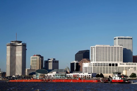 Panorama of New Orleans skyline with modern skyscrapers on the riverbank, New Orleans, Louisiana,