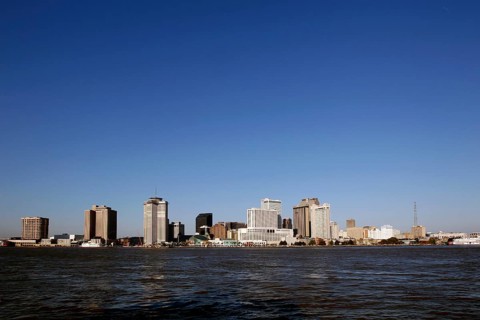 Wide view of New Orleans skyline with clear sky from afar, New Orleans, Louisiana, USA