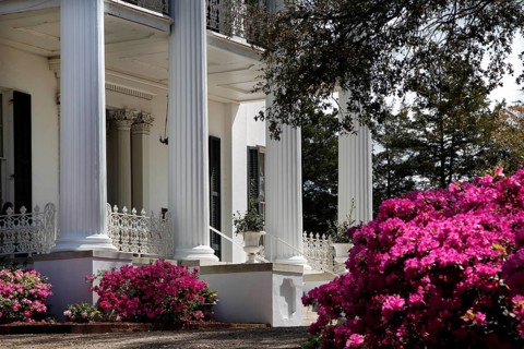 Manor house with elegant porch and blooming trees and flowers in the garden, Natchez, Mississippi,