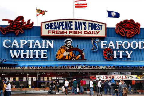 Colourful fish market with lively signs and people in front of the entrance, Washington D.C, USA