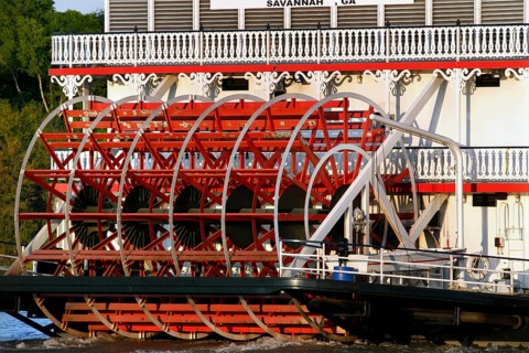 Close-up view of a paddle wheel on a steamer on the Savannah River, Savannah, Georgia, USA