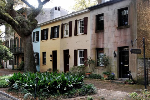 Rows of historic townhouses with diverse facades and rich greenery, Savannah, Georgia, USA
