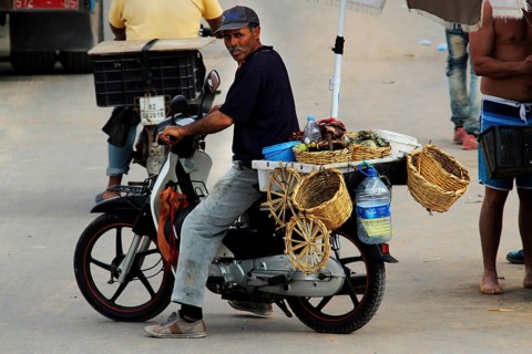 Street vendor on a motorcycle with baskets full of oysters in Oulidia, Oulidia, Doukkala-Abda,