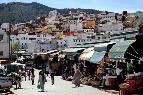 Bustling marketplace in a mountainous landscape with numerous stalls and people in the foreground,