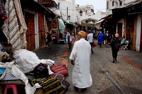 Bustling alley in the Medina of Rabat with people wearing traditional clothes, Rabat-Salé-Kénitra,