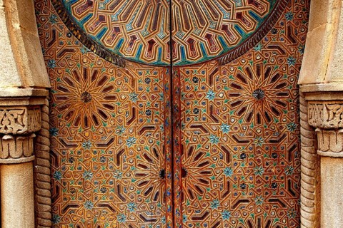 Elaborately decorated door in the Kasbah of Oudaias, Rabat, with detailed patterns,
