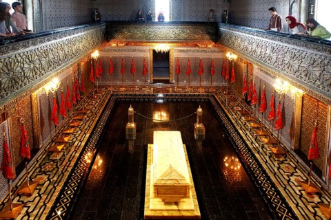 Magnificent interior view of the Hassan Mausoleum with richly decorated tomb and decoration, Rabat,