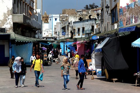 Bustling scene at a market with colorful stalls in the medina of Safi, Safi, Doukkala-Abda, Morocco