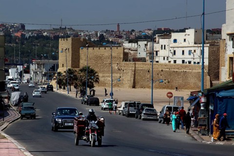 Bustling street in front of the historic city wall in the medina of Safi, Safi, Doukkala-Abda,