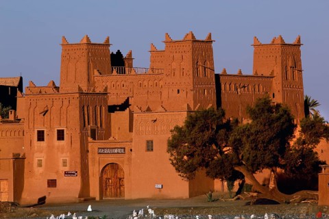 Kasbah Amerhidil in Skoura, surrounded by desert vegetation, showcases impressive traditional