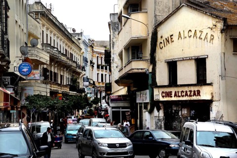 Bustling street scene in the Medina of Tangier with the Alcazar cinema, Tanger, null, Morocco