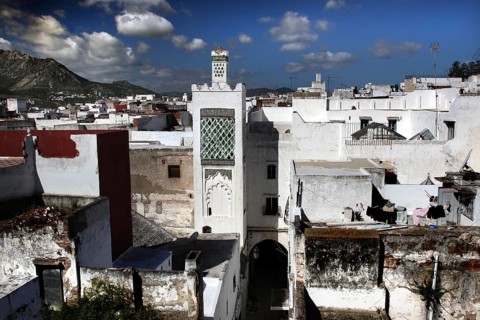 Historic city view of Tetouan with white buildings and minaret, Tetouan, Morocco