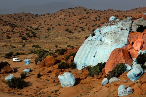 Painted rocks in the vast desert landscape of Tafraoute, created by Jean Verame, Tafraoute,