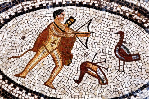 Detailed mosaic in the House of the Duties of Hercules in Volubilis depicting Hercules in one of