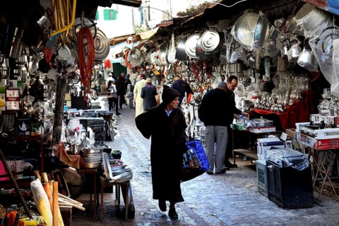 A souk area full of all kinds of metalware and hustle and bustle, Tetouan, Medina, Morocco