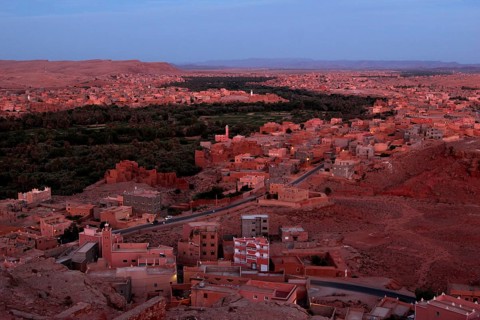 Panorama of Tinerhir at sunset with view of the city and valley, Tinerhir, Morocco