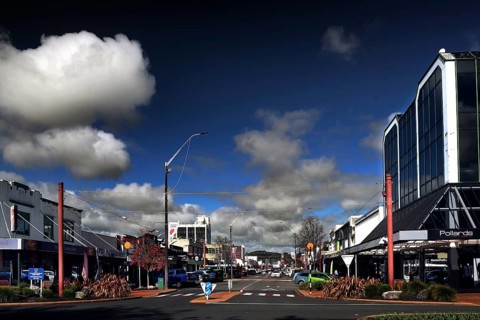 City scene on Tutanekai Street in Rotorua with modern architecture and busy streets, Rotorua, North