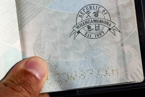 A side look at a stamp in the passport of the Republic of Whangamomona, Whangamomona, New Zealand