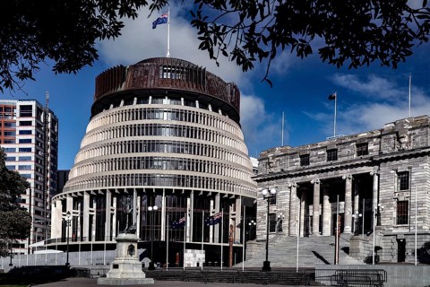 The iconic 'Beehive' parliament building with the neoclassical façade in Wellington, Wellington,