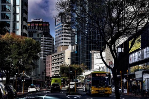 Lambton Quay in Wellington with modern skyscrapers, trees and vehicles under cloudy sky,
