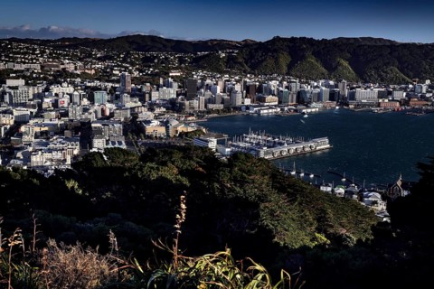 View from Mount Victoria Lookout over Wellington, the harbor and surrounding hills, Wellington, New