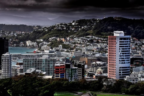 View of Wellington skyline and hills from the cable car, Wellington, New Zealand
