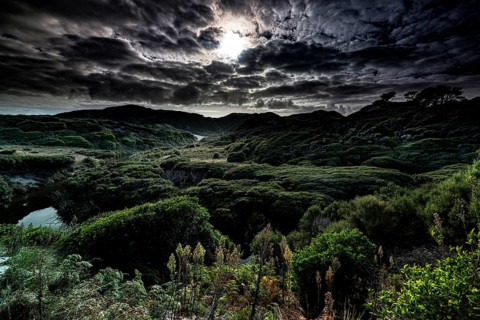 Dramatic night landscape with cloudy sky near Wharariki Beach, Wharariki Beach, New Zealand
