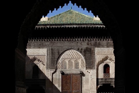 Traditional gate in Medersa Bou Inania with Gothic arches, Fez, Fès-Boulemane, Morocco