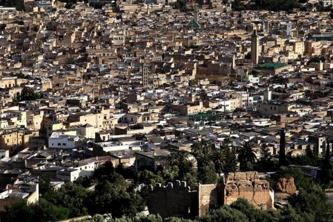 Panoramic view of the dense urban landscape of Fez from Bordj Sud, Fez, Fez el Bali, Morocco