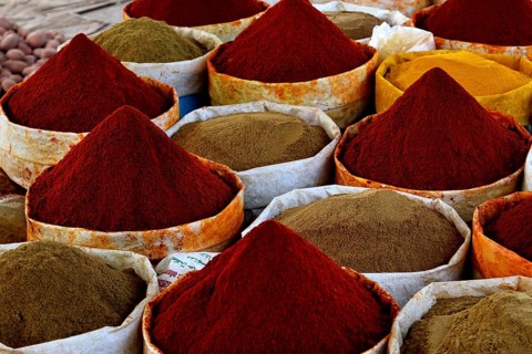A variety of spices in the vegetable souk of Guelmim, Guelmim, Guelmim-Oued Noun, Morocco